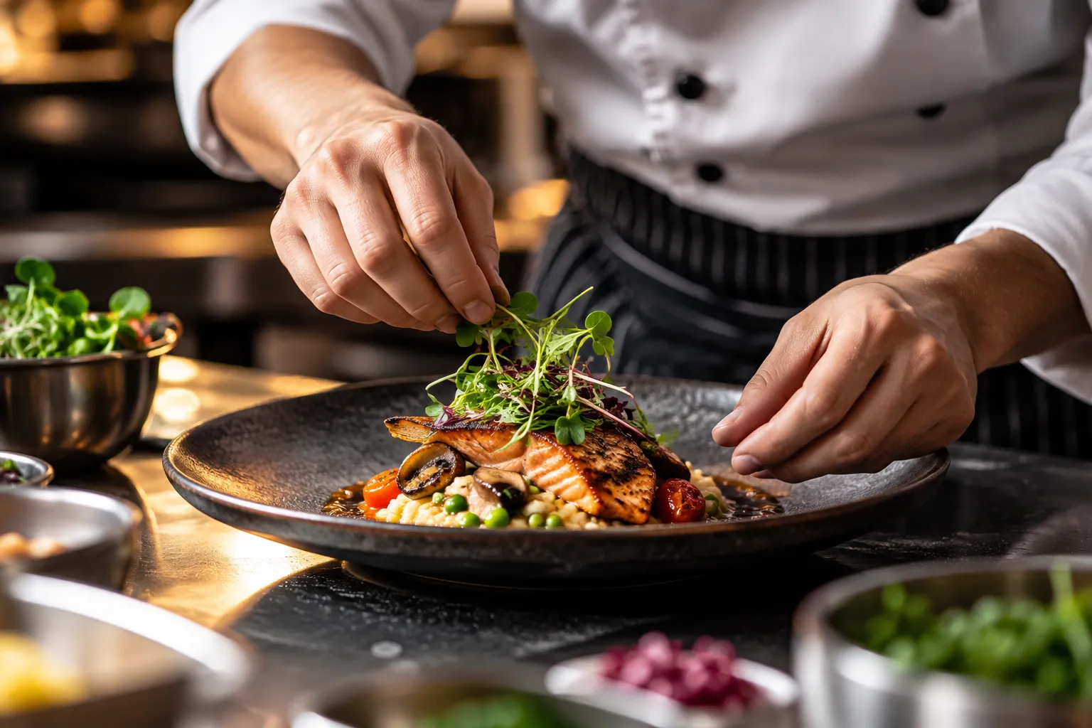 A chef finishing a plate with micro herbs in the kitchen