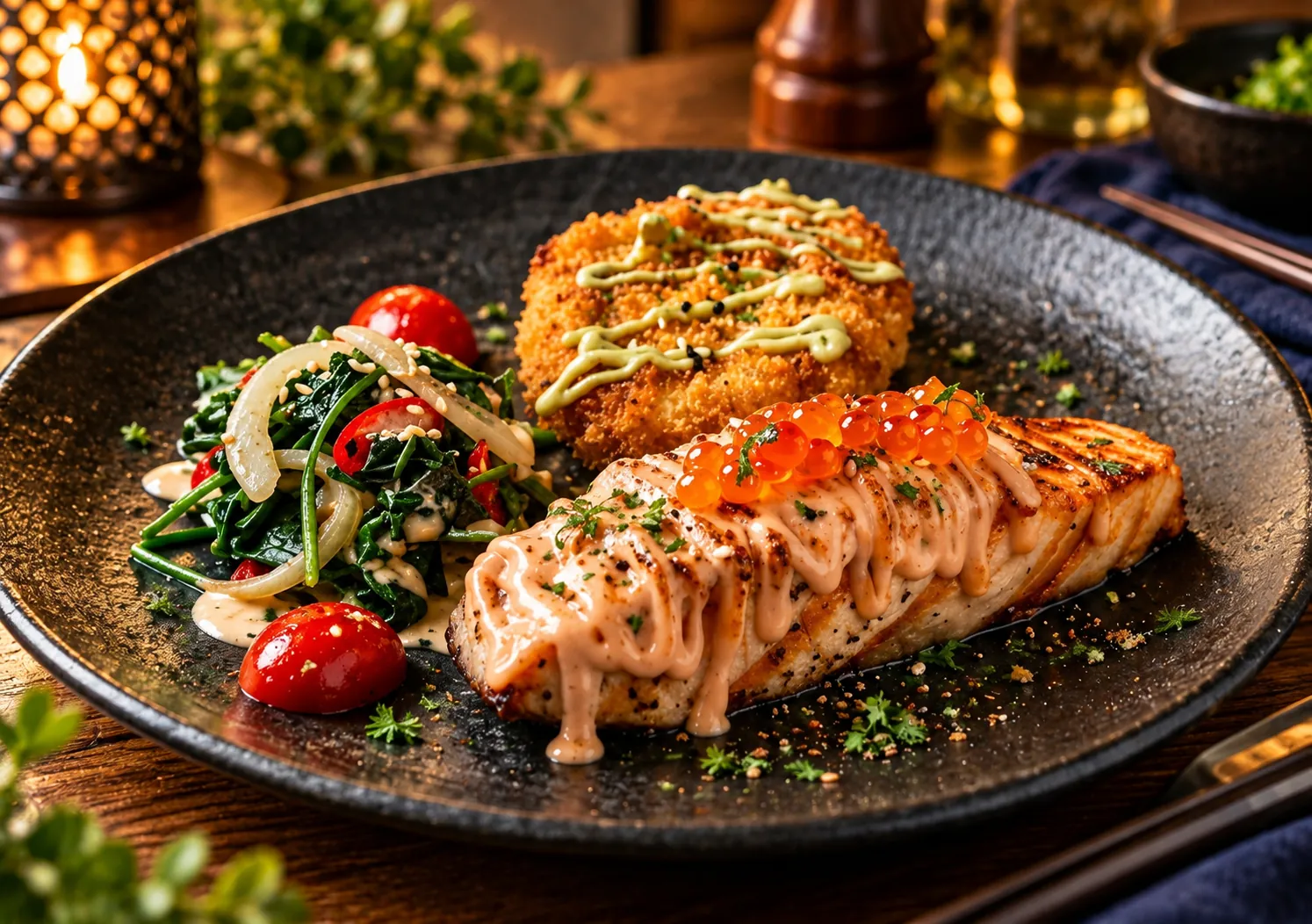 Grilled Sashimi Grade Salmon Saku & Ikura