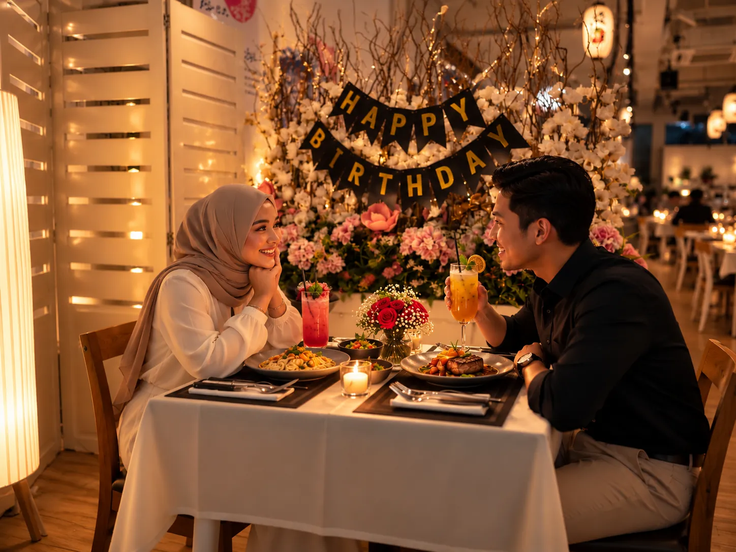 A couple celebrating a birthday at a candlelit table in front of a floral Happy Birthday backdrop