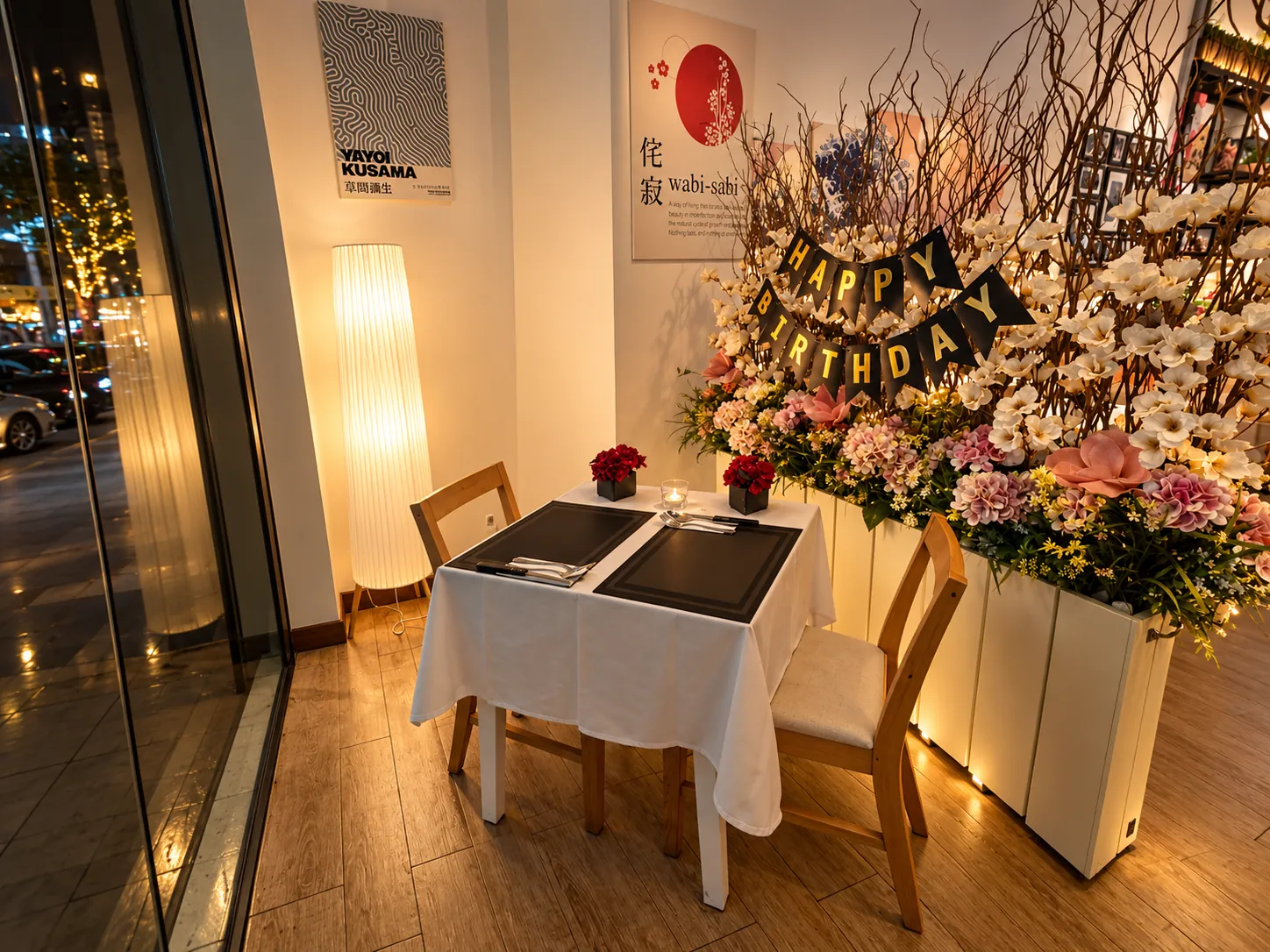 A table for two laid with white linen beside a Happy Birthday flower display