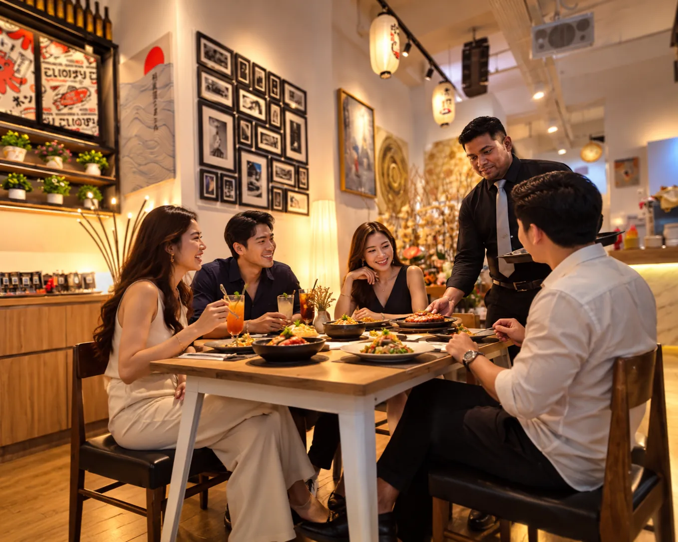 A waiter serving a table of friends sharing dishes and drinks